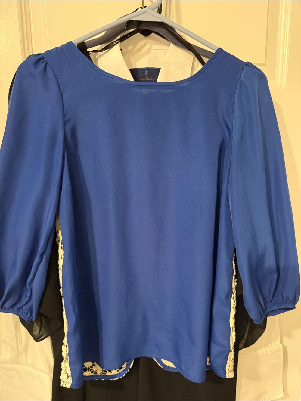 LC Lauren Conrad Royal Blue Lace-Inset Blouse M medium mid sleeve shirt flowy